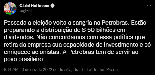 Tweet Gleisi Hoffmann sobre as ações da Petrobras