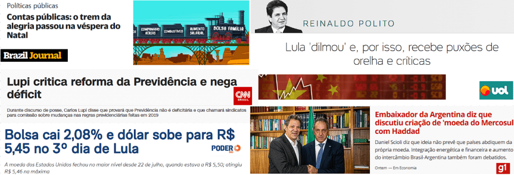 prints de notícias envolvendo Brasil, política e economia