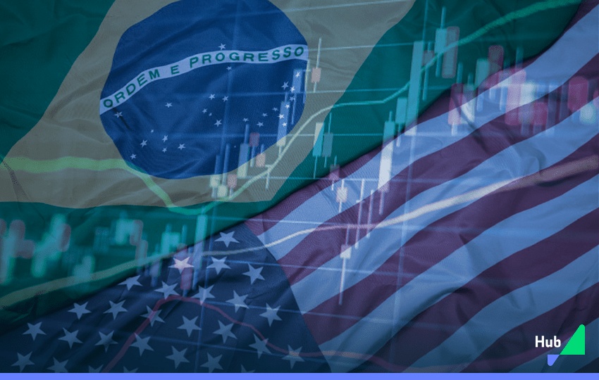 foto ilustrando a bandeira do brasil e dos eua e sua associação com a questão: por que investir no exterior?