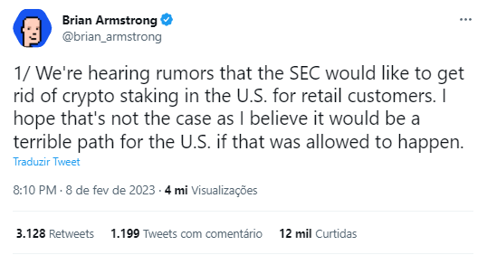 CEO da Coinbase, Brian Armstrong, publicou em suas redes sociais que estava “ouvindo rumores de que a SEC gostaria de se livrar do staking de criptomoedas para clientes de varejo nos EUA