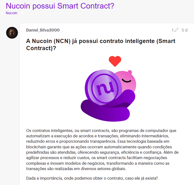 Tópico na comunidade do Nubank que comenta sobre o contrato inteligente do token Nucoin